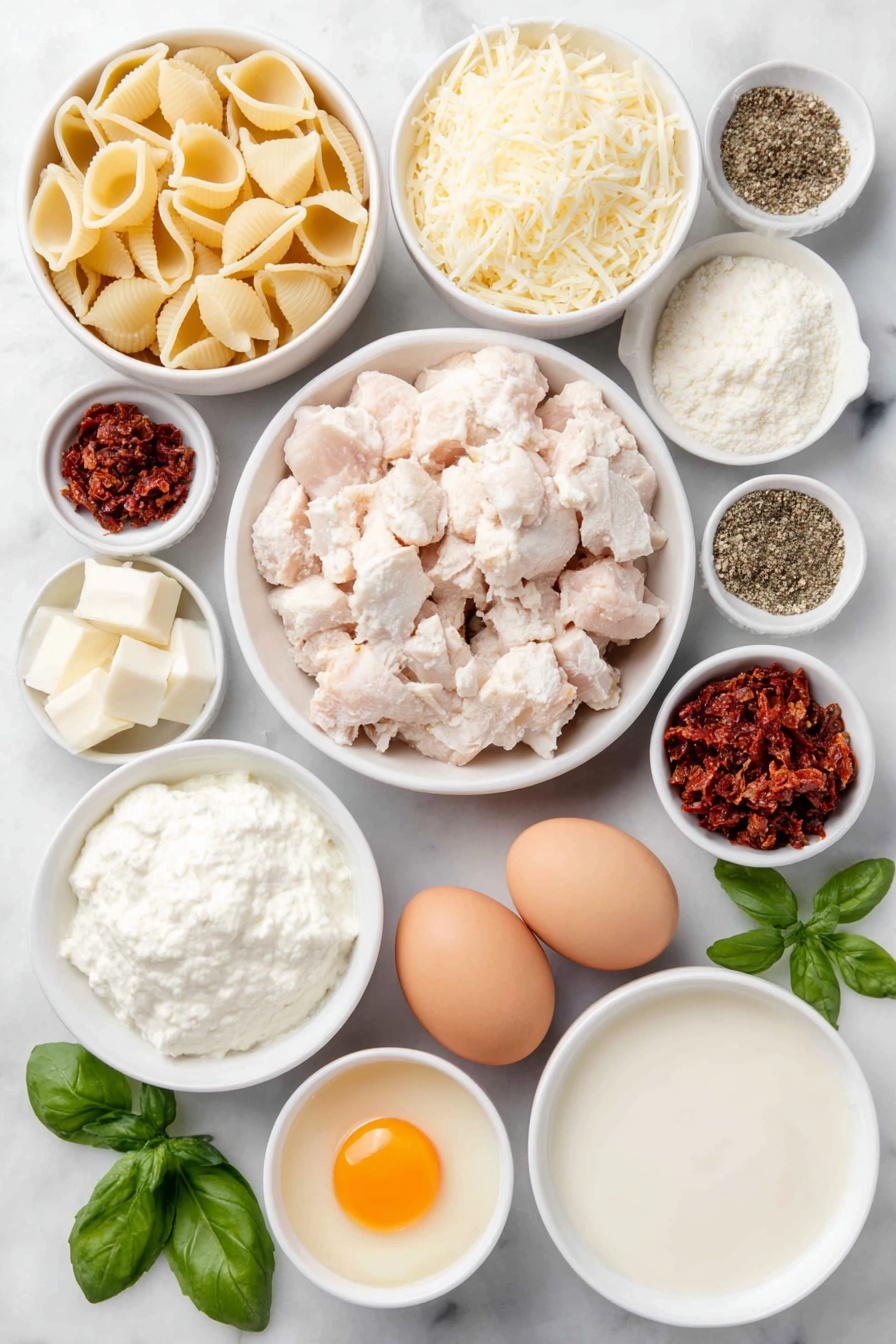 Flat lay of fresh jumbo shell pasta arranged neatly, a small white ceramic bowl of whole-milk ricotta cheese, a pile of shredded mozzarella cheese, a small white bowl of grated parmesan, chopped sun-dried tomatoes in a white bowl, whole uncracked brown eggs, a small white bowl of unsalted butter cubes, a small white bowl of minced garlic, a small white bowl of all-purpose flour, a small white bowl filled with rich chicken broth, a small white bowl of heavy whipping cream, a small white bowl of ground black pepper, a small white bowl of sea salt, a small white bowl of Italian seasoning, a small white bowl of paprika, fresh bright green basil leaves scattered elegantly, pieces of cooked chopped chicken breast placed naturally, all ingredients balanced symmetrically on a clean white marble surface, soft natural light, photo taken with an iPhone, professional food photography style, fresh ingredients, white ceramic bowls, no bottles, no duplicates, no utensils, no packaging --ar 2:3 --v 7 --p m7354615311229779997