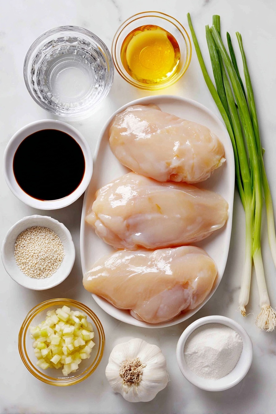 Flat lay of four fresh raw boneless skinless chicken breasts, a small white bowl of dark soy sauce, a small white bowl filled with golden honey, a small white bowl containing clear rice wine vinegar, a small white bowl with chopped white onion, two whole uncracked garlic cloves next to a small pile of minced garlic, a small white bowl holding clear water, a small white bowl with light beige cornstarch powder, a small white bowl of ground ginger powder, a small white bowl of ground black pepper, a few bright green whole green onions, a small white bowl of white sesame seeds, all arranged in perfect symmetry on a clean white marble surface, soft natural light, photo taken with an iPhone, professional food photography style, fresh ingredients, white ceramic bowls, no bottles, no duplicates, no utensils, no packaging --ar 2:3 --v 7 --p m7354615311229779997