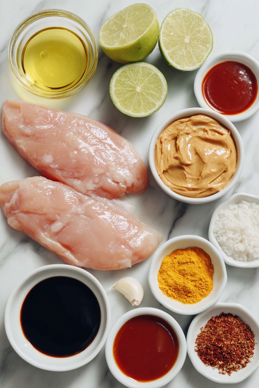 Flat lay of two fresh boneless skinless chicken breasts cut into thick strips, a small white bowl of smooth peanut butter, a whole lime cut in half with fresh zest displayed beside it, a small white bowl of golden olive oil, a small white bowl of dark soy sauce, a small white bowl of amber maple syrup, a small white bowl of bright red sriracha, a small white bowl of clear water, a medium garlic clove whole and unpeeled, a small pile of bright yellow turmeric powder, a small heap of deep red chili powder, a small spoonful of light brown dried ginger, a small mound of white garlic powder, and a small pinch of coarse salt all arranged symmetrically on a clean white marble surface, soft natural light, photo taken with an iPhone, professional food photography style, fresh ingredients, white ceramic bowls, no bottles, no duplicates, no utensils, no packaging --ar 2:3 --v 7 --p m7354615311229779997