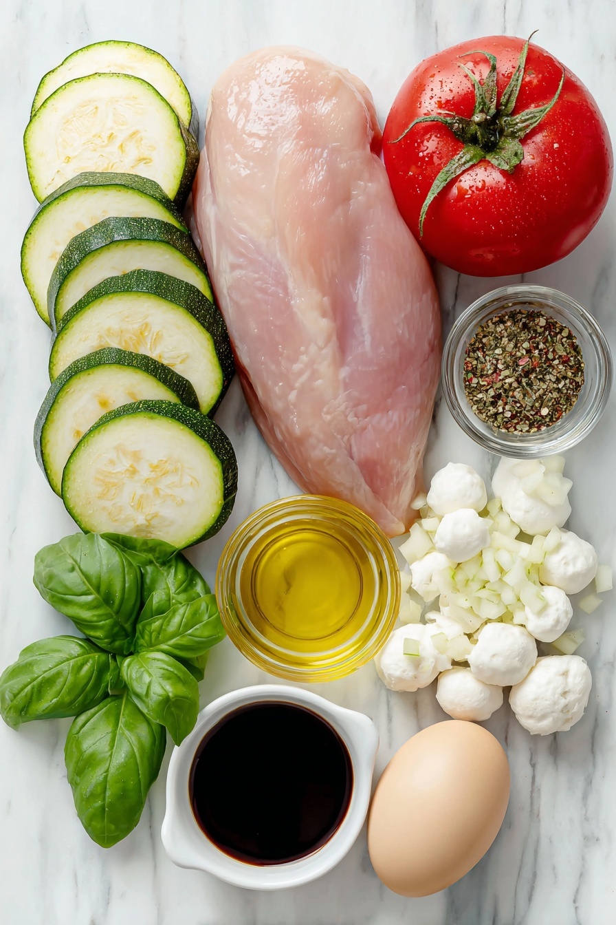 Flat lay of a raw chicken breast with smooth skin, four whole garlic cloves with ivory papery skins, one medium zucchini sliced into thick rounds showing bright green skin and pale flesh, one large ripe tomato quartered revealing juicy red interior, a small cluster of fresh basil leaves with vibrant green color, a few small white mozzarella balls glistening with moisture, a handful of chopped white onion pieces, a small white ceramic bowl of golden olive oil, a small white ceramic bowl of dark glossy balsamic vinegar, a small white ceramic bowl of mixed Italian seasoning herbs, and a single light brown egg with a clean shell placed neatly together in perfect symmetry on a clean white marble surface, soft natural light, photo taken with an iPhone, professional food photography style, fresh ingredients, white ceramic bowls, no bottles, no duplicates, no utensils, no packaging --ar 2:3 --v 7 --p m7354615311229779997