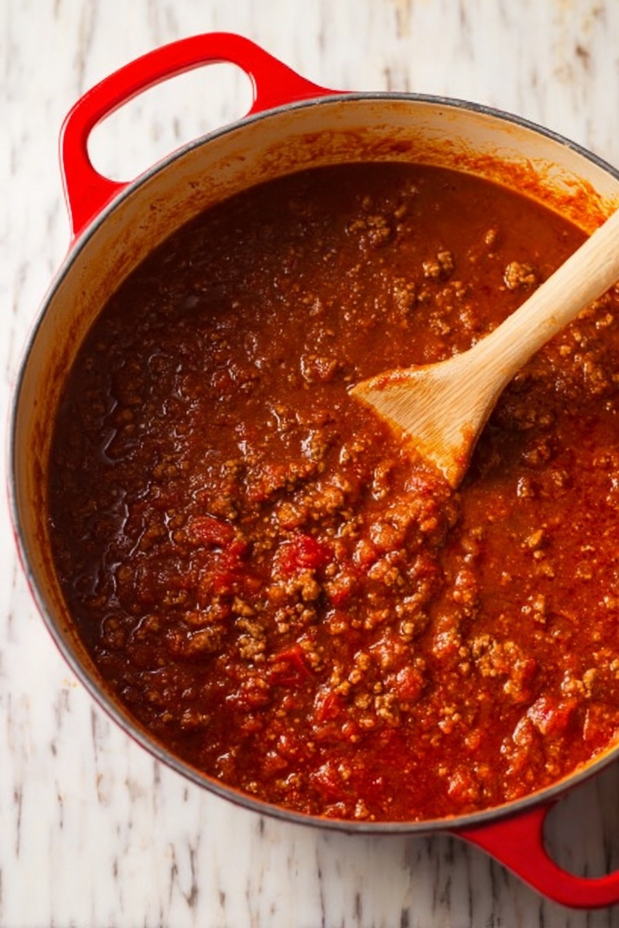 The image shows a close-up of a white baking dish with baked ziti pasta, layered with a rich reddish-orange tomato meat sauce mixed with tube-shaped pasta. The top layer is golden brown melted cheese with small browned spots and sprinkled with small pieces of fresh green herbs. A wooden spoon lifts a large, cheesy, saucy portion from the dish, with visible long strands of melted cheese stretching between the lifted portion and the rest of the pasta. The background is a white marbled texture. Photo taken with an iphone --ar 2:3 --v 7