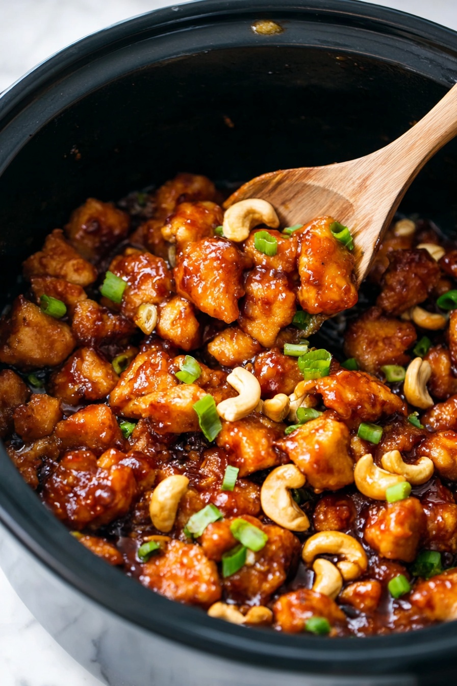 A black pot filled with chunks of golden-brown chicken coated in a shiny, thick reddish-brown sauce, mixed with light tan cashew nuts and small pieces of bright green chopped scallions scattered on top. A wooden spoon is scooping some of the chicken from the pot, showing the textured sauce and crispy edges of the chicken pieces. The background has a white marbled texture. photo taken with an iphone --ar 2:3 --v 7