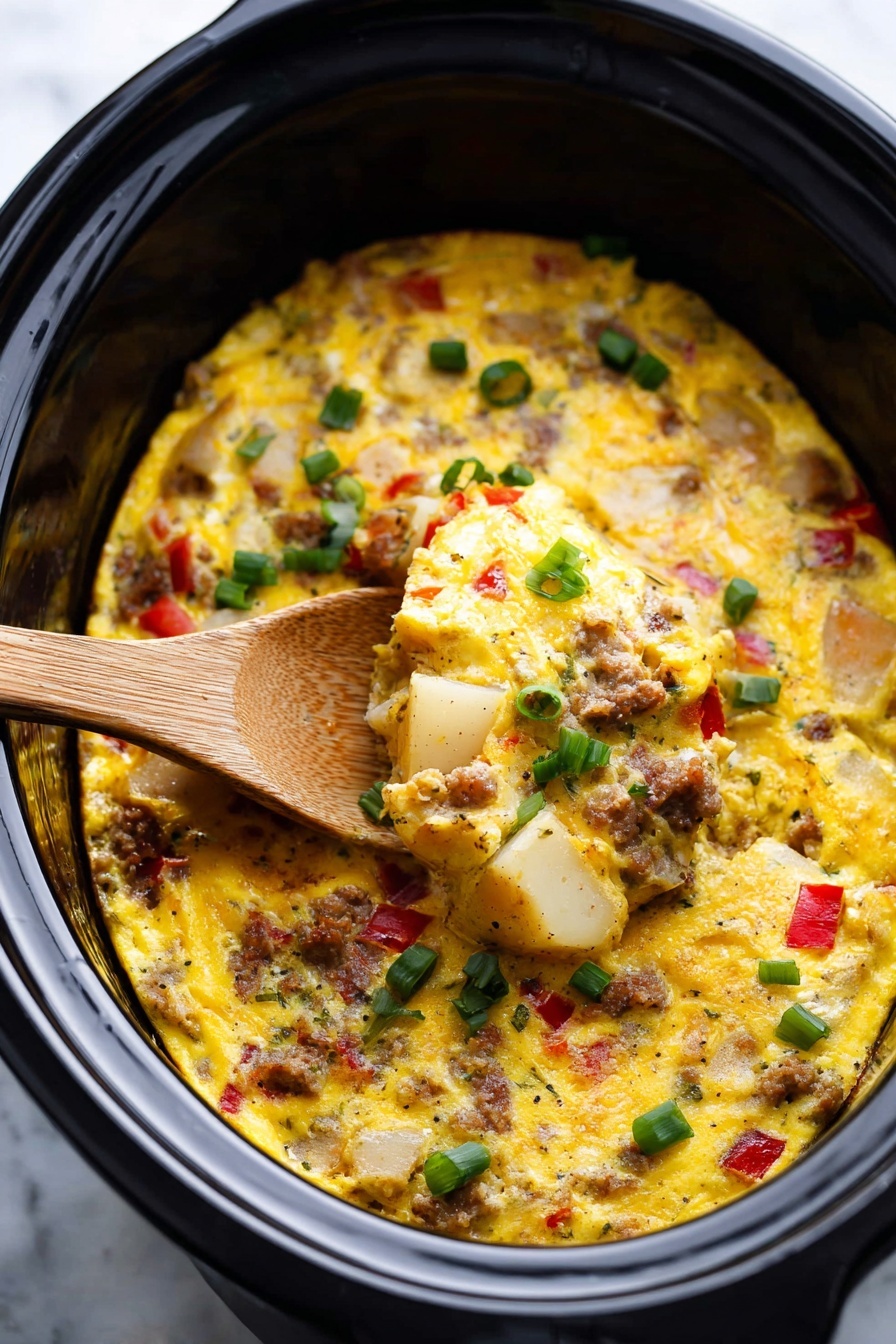 The image shows a thick egg dish cooked in a black slow cooker, with a wooden spoon scooping out a portion. The egg layer is golden yellow with a soft and slightly fluffy texture, mixed with chunks of red bell peppers, white potatoes, and browned sausage pieces. Green chopped onions are sprinkled on top, adding a fresh touch of color. The spoon reveals a dense interior where all the ingredients are well mixed together. The slow cooker sits on a white marbled surface. photo taken with an iphone --ar 2:3 --v 7