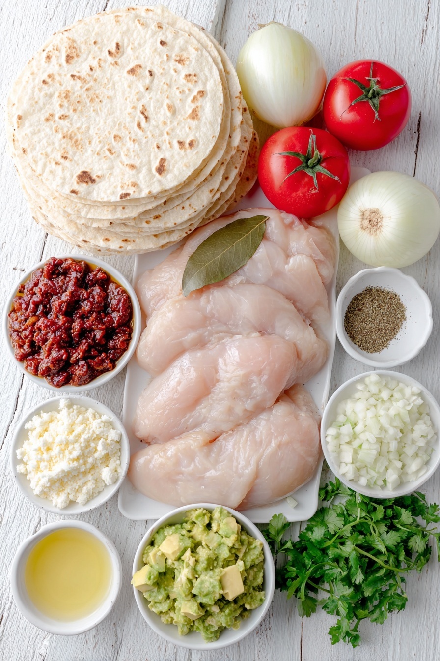 Flat lay of boneless skinless chicken breasts, a quarter of a large yellow onion, two whole cloves of garlic with papery skins, a single bay leaf, fresh Roma tomatoes, a large halved white onion, a small white ceramic bowl filled with deep red chipotle peppers in adobo sauce, a small white ceramic bowl of dried Mexican oregano, a small white ceramic bowl of ground cumin, a small white ceramic bowl of kosher salt, a small white ceramic bowl of golden olive oil, warm corn tortillas stacked neatly, a small white ceramic bowl of crumbled Cotija cheese, a small white ceramic bowl with finely diced white onion, a small white ceramic bowl of chopped fresh cilantro, and a small white ceramic bowl with diced ripe avocado – all arranged symmetrically on a clean white marble surface, soft natural light, photo taken with an iPhone, professional food photography style, fresh ingredients, white ceramic bowls, no bottles, no duplicates, no utensils, no packaging --ar 2:3 --v 7 --p m7354615311229779997