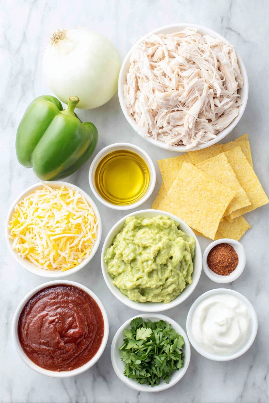 Flat lay of two tablespoons of golden olive oil in a small white ceramic bowl, one whole white onion with smooth skin, one fresh green bell pepper with a glossy surface, a pile of shredded cooked chicken, a small white ceramic bowl filled with rich red enchilada sauce, a small white ceramic bowl containing a reddish-brown taco seasoning powder, several golden yellow corn tortillas cut into 1-inch strips, a mound of Mexican-blend shredded cheese with white, yellow, and orange strands, a small white ceramic bowl of chopped bright green cilantro leaves, a small white ceramic bowl of creamy white sour cream, and a small white ceramic bowl of fresh green guacamole, all arranged symmetrically with natural vibrant colors, placed on a clean white marble surface, soft natural light, photo taken with an iPhone, professional food photography style, fresh ingredients, white ceramic bowls, no bottles, no duplicates, no utensils, no packaging --ar 2:3 --v 7 --p m7354615311229779997