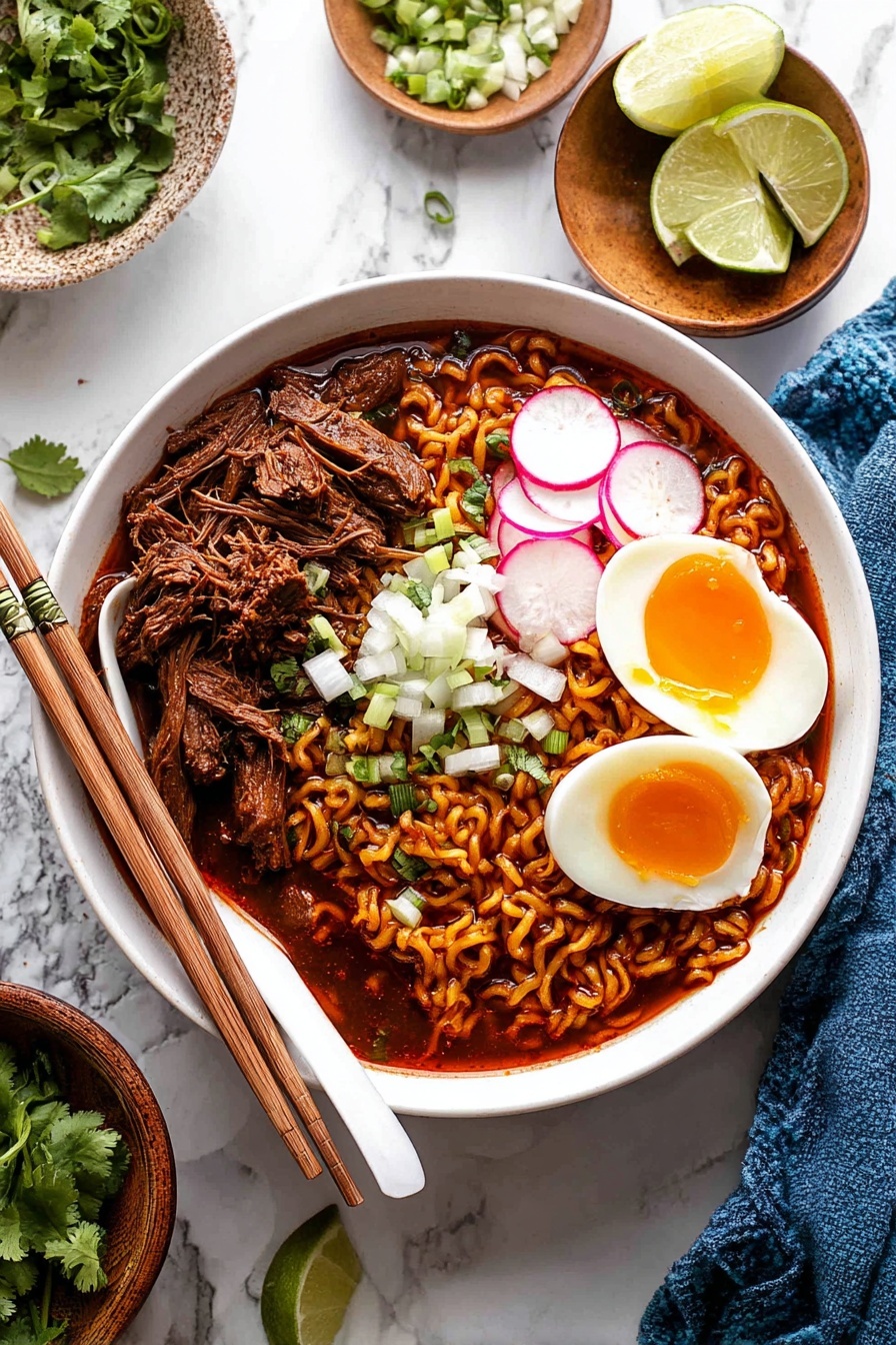 A large white bowl holds a layered dish starting with curly reddish-orange noodles as the base, soaked in a rich dark red-brown broth. On top, there are several chunks of dark brown shredded meat spread over one side. In the middle, thin round slices of light pink radishes sit layered with small chopped green herbs and white onion pieces scattered across the top. On the opposite side of the meat, two halved soft-boiled eggs show bright orange yolks with a slightly runny texture, framed by firm white egg whites. Two wooden chopsticks rest on the left edge of the bowl, while a white ceramic spoon is placed inside the bowl on the right. Around the bowl are scattered chopped onions, fresh green herbs in a small bowl, and slices of lime on a white marbled surface, with a blue cloth peeking from the right. Photo taken with an iphone --ar 2:3 --v 7