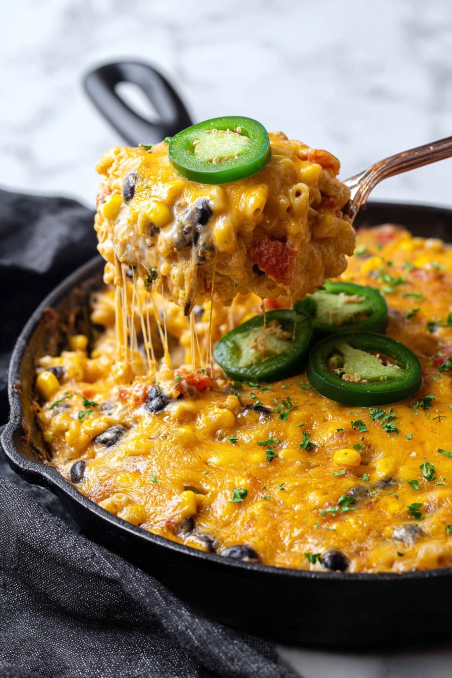 A close-up view of a black pan on a stove holding two layers of food, the bottom layer is a creamy sauce with visible bits of corn, black beans, and small pieces of red ingredients, pale yellow in color with a thick texture, and the top layer is a large pile of pale yellow elbow macaroni pasta with a smooth and soft look, filling about half of the pan. photo taken with an iphone --ar 2:3 --v 7