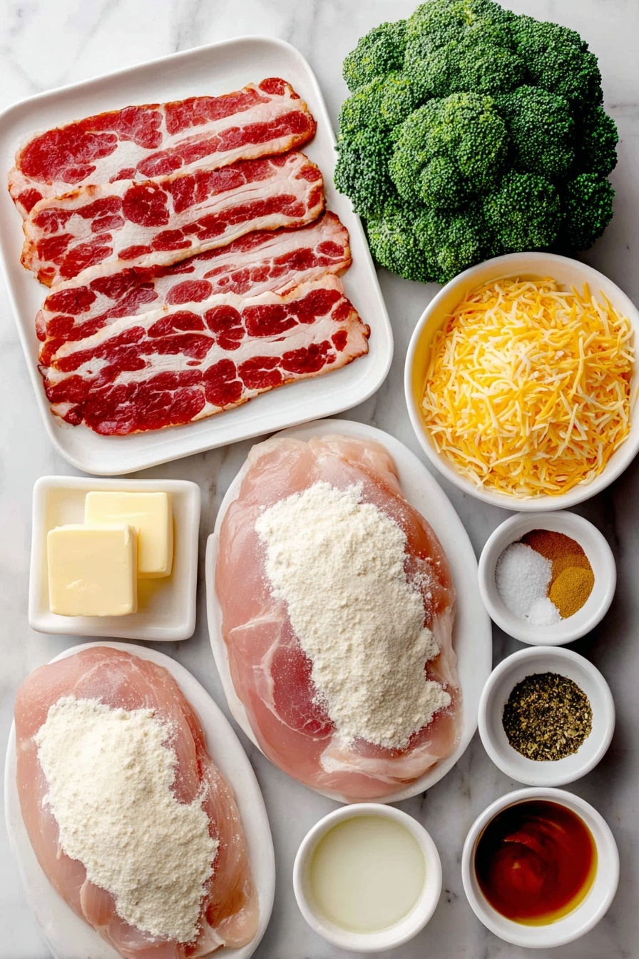 Flat lay of two large boneless skinless chicken breasts, six strips thick-cut raw bacon, a small mound of all-purpose flour on a simple white ceramic plate, finely shredded Parmesan cheese in a small white bowl, finely shredded cheddar cheese in another small white bowl, three tablespoons butter on a small white ceramic dish, a few broccoli florets, a small white bowl filled with chicken broth, a small white bowl of milk, small white bowls containing Italian seasoning blend, salt and pepper, garlic powder, onion powder, mustard powder, and a white ceramic bowl with a few drops of hot sauce, plus a small white bowl with golden olive oil, all arranged symmetrically and naturally, placed on a clean white marble surface, soft natural light, photo taken with an iPhone, professional food photography style, fresh ingredients, white ceramic bowls, no bottles, no duplicates, no utensils, no packaging --ar 2:3 --v 7 --p m7354615311229779997