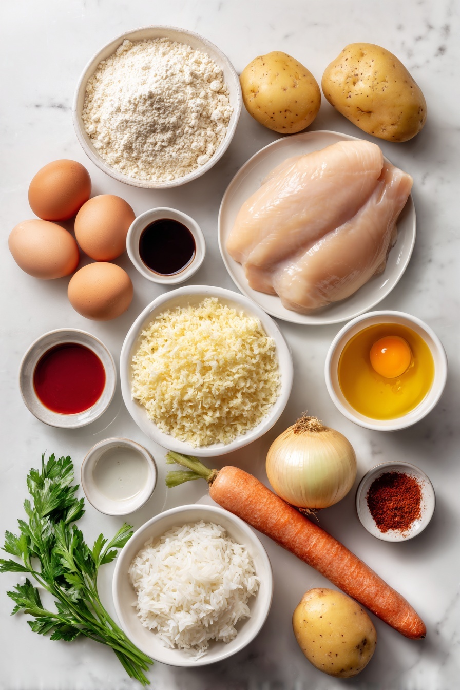 Flat lay of boneless chicken thighs with natural pink color and smooth texture, two whole uncracked brown eggs, a small mound of panko breadcrumbs mixed with grated parmesan cheese on a simple white ceramic plate, a few tablespoons of all-purpose flour spread neatly on a white ceramic plate, a small white bowl with thick pale batter, one peeled and halved white onion with visible layers, two whole unpeeled yellow potatoes with smooth skins, one bright orange carrot whole with green top trimmed, a small white bowl of golden melted butter, a small white bowl of dark amber honey, a small white bowl with clear sake, a small white bowl with deep red tomato ketchup, a small white bowl of light brown tsuyu sauce, a small white bowl with dried fenugreek powder, a small white bowl with fine red chili powder, four servings of cooked Japanese short-grain rice molded neatly on a white ceramic plate, a small pile of glossy red-purple fukujinzuke pickles, a few sprigs of fresh green parsley placed symmetrically, all ingredients arranged symmetrically on simple white ceramic plates and bowls, placed on a clean white marble surface, soft natural light, photo taken with an iPhone, professional food photography style, fresh ingredients, white ceramic bowls, no bottles, no duplicates, no utensils, no packaging --ar 2:3 --v 7 --p m7354615311229779997