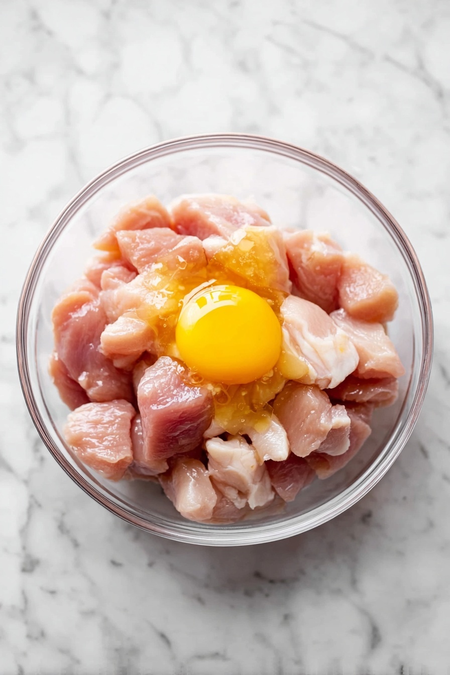 A white bowl holds a serving of cooked white rice on the left side, with soft, separated grains. On the right side, there are golden pieces of chicken coated in a shiny, thick orange sauce dotted with red chili flakes. Small green slices of scallions are sprinkled over the chicken and rice. A pair of black chopsticks hold one piece of chicken in the center, resting on the food. The bowl is placed on a white marbled surface with a small bowl of dark sauce in the top left corner and some scattered green scallion pieces nearby photo taken with an iphone --ar 2:3 --v 7