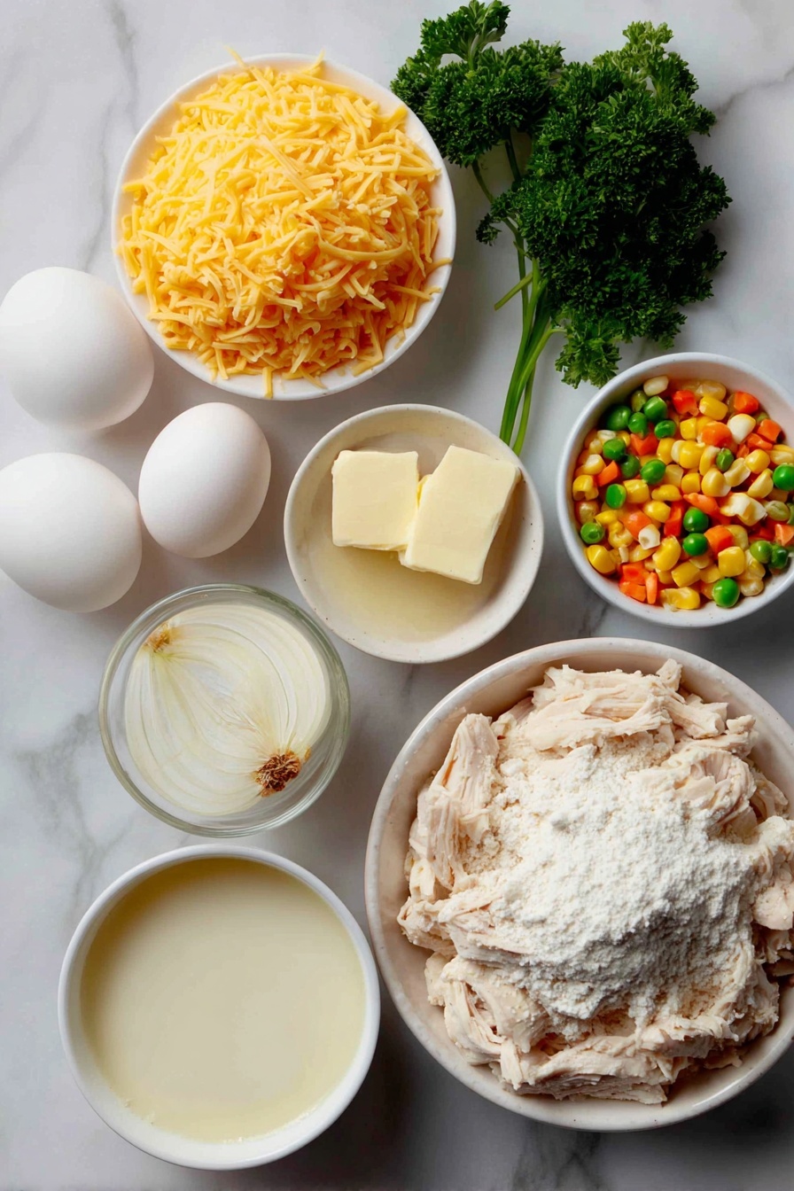 Flat lay of a small pile of bright yellow shredded cheddar cheese, a mound of white all-purpose flour, two white eggs with clean shells, a small white bowl with melted golden butter, a small white bowl of creamy white milk, a small white bowl of rich golden chicken broth, a few sprigs of fresh green parsley, two cloves of fresh garlic, one small peeled onion cut in half showing its white layers, a handful of mixed frozen vegetables including small orange carrot cubes, green peas, and corn kernels, and a portion of moist shredded cooked chicken breast, all arranged symmetrically on a clean white marble surface, soft natural light, photo taken with an iPhone, professional food photography style, fresh ingredients, white ceramic bowls, no bottles, no duplicates, no utensils, no packaging --ar 2:3 --v 7 --p m7354615311229779997