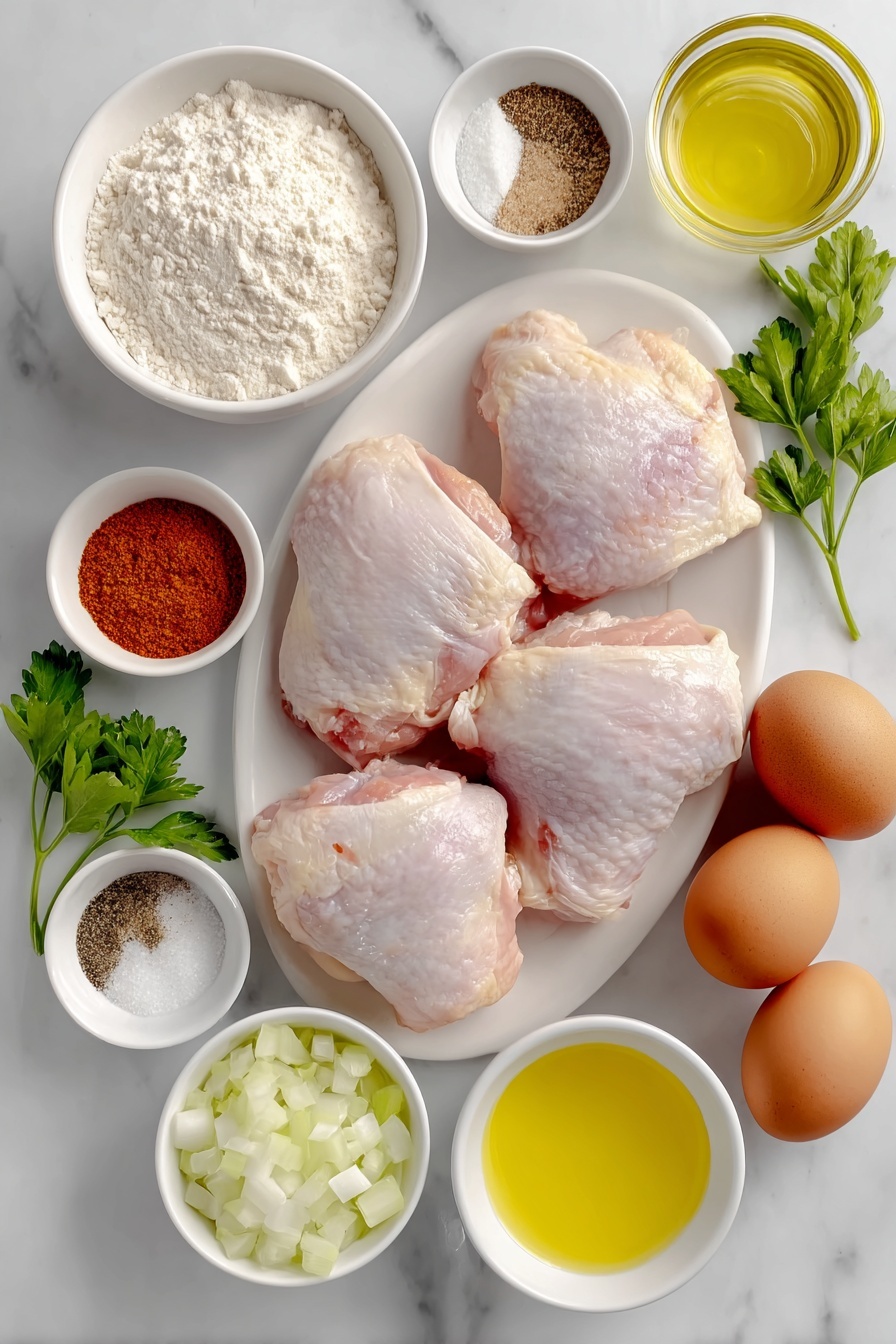 Flat lay of fresh raw chicken thighs and drumsticks with clean skin, a small white ceramic bowl of pale all-purpose flour, a small white ceramic bowl containing bright orange paprika powder, a small white ceramic bowl of off-white poultry seasoning, a small white ceramic bowl of fine garlic powder, a small white ceramic bowl of light onion powder, two whole brown eggs with smooth shells, a large white ceramic bowl of diced fresh white onion, a small white ceramic bowl of clear golden vegetable oil, a small white ceramic bowl of coarse salt, a small white ceramic bowl of freshly ground black pepper, a small white ceramic bowl of light brown chicken bouillon powder, a small white ceramic bowl of golden chicken broth, a small white ceramic bowl of creamy white milk, and a few sprigs of vibrant green parsley placed on a clean white marble surface, soft natural light, photo taken with an iPhone, professional food photography style, fresh ingredients, white ceramic bowls, no bottles, no duplicates, no utensils, no packaging --ar 2:3 --v 7 --p m7354615311229779997