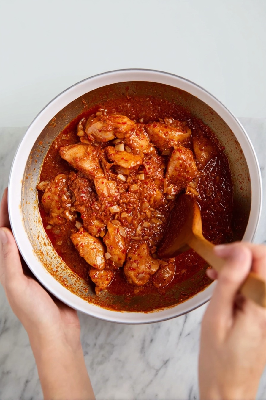 A white bowl is filled with two main layers: on the left, there is a fluffy layer of white rice with scattered small green herb pieces on top; on the right, chunks of light golden brown chicken are covered in a smooth, creamy orange sauce that pools slightly around the edges, garnished with finely chopped green herbs. The bowl sits on a white marbled surface and a glass cup with dark liquid is partially visible in the background. photo taken with an iphone --ar 2:3 --v 7