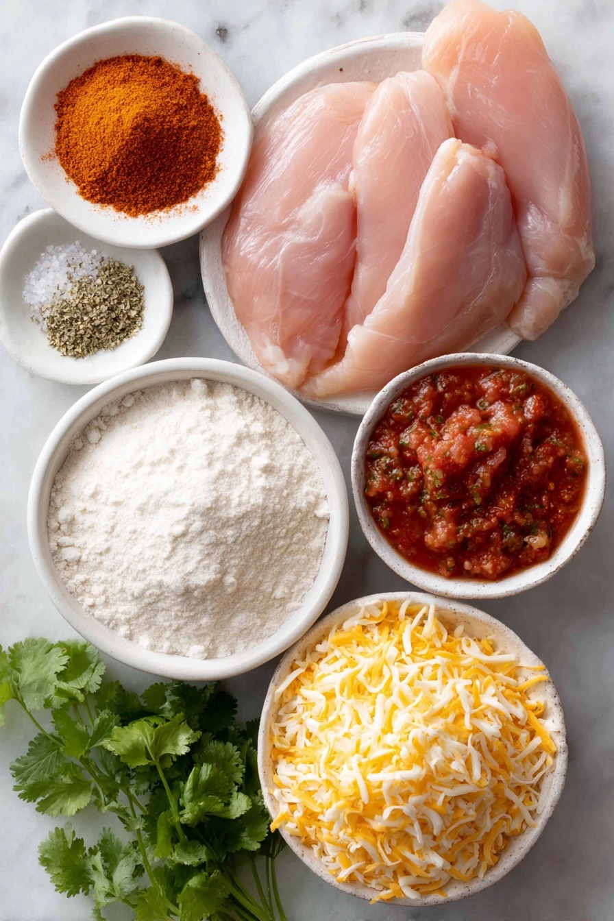 Flat lay of kosher salt in a small white ceramic bowl, freshly ground black pepper in a small white ceramic bowl, onion powder in a small white ceramic bowl, chili powder in a small white ceramic bowl, ground cumin in a small white ceramic bowl, garlic powder in a small white ceramic bowl, smoked paprika in a small white ceramic bowl, four raw boneless skinless chicken breasts arranged symmetrically, chunky red salsa in a small white ceramic bowl with visible tomato chunks and peppers, a small white ceramic bowl filled with shredded yellow and white cheese blend, fresh cilantro sprigs loosely arranged, placed on a clean white marble surface, soft natural light, photo taken with an iPhone, professional food photography style, fresh ingredients, white ceramic bowls, no bottles, no duplicates, no utensils, no packaging --ar 2:3 --v 7 --p m7354615311229779997