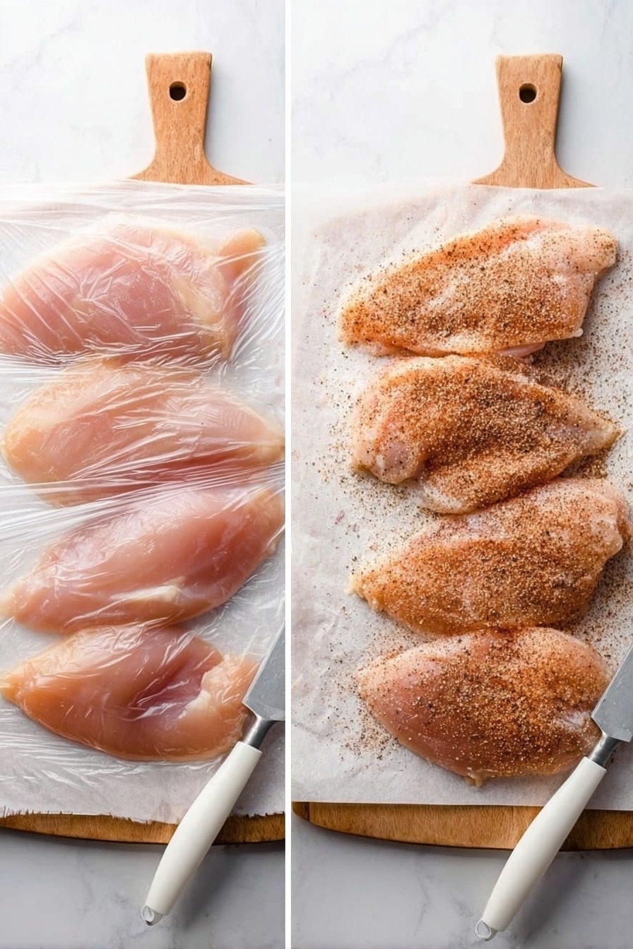 The dish shows a cooked piece of chicken topped with melted yellow and white cheese and red tomato sauce, garnished with green chopped herbs on top. The chicken has a browned, slightly crispy skin, and it is partly sliced to show the cooked white meat inside. The food sits on a white plate with a fork and knife beside it, the knife having a light wooden handle. The plate is placed on a white marbled surface, with a blue and white striped cloth visible in the background. Photo taken with an iphone --ar 2:3 --v 7