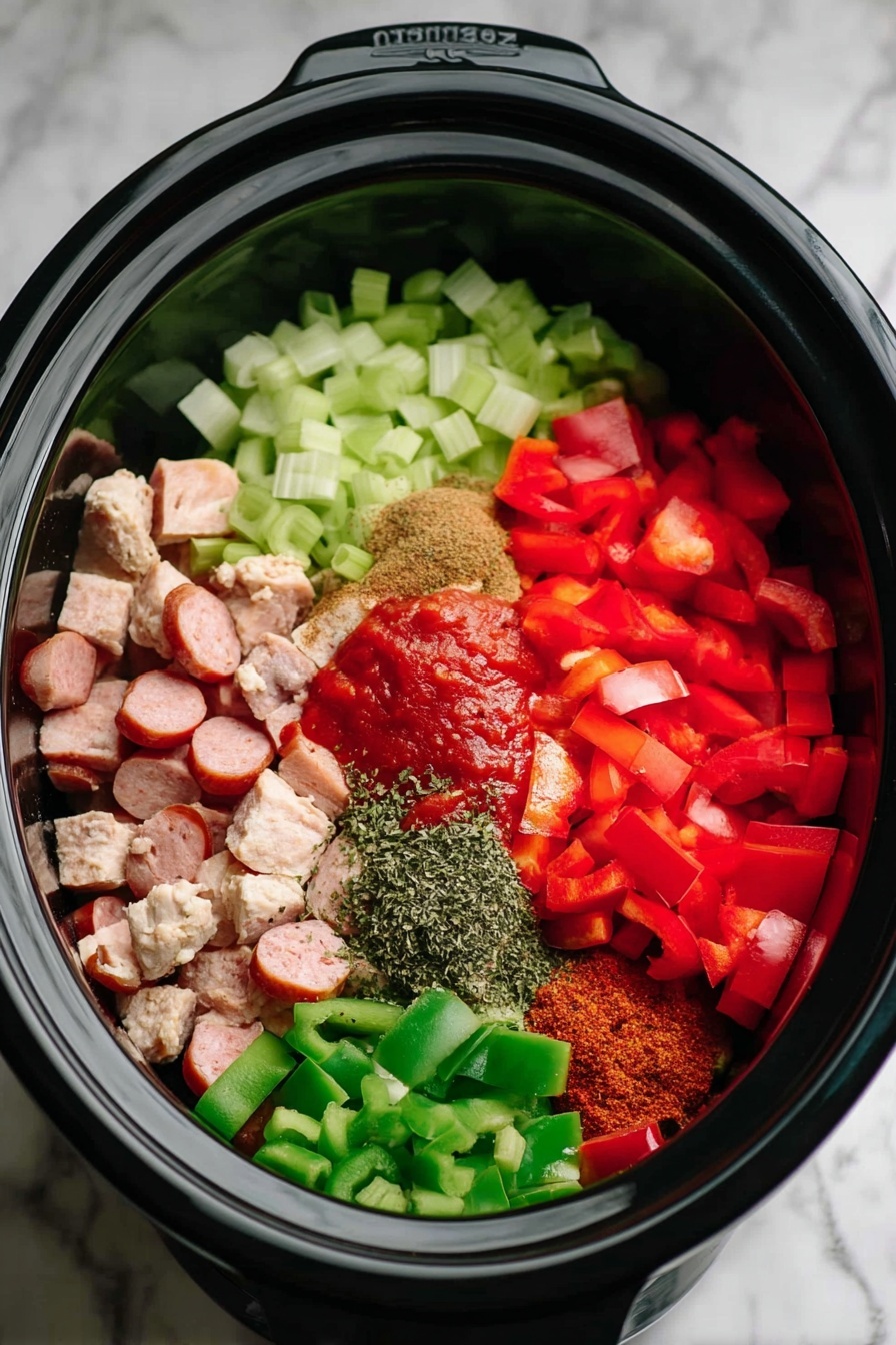 A white bowl filled with a colorful jambalaya dish, showing layers of orange-red rice mixed with green and yellow bell peppers, pieces of shrimp with pink and white tones, slices of brown sausage, and small chunks of light brown chicken. The dish is sprinkled with finely chopped green herbs. A silver fork rests inside the bowl, and the surface beneath the bowl has a white marbled texture. photo taken with an iphone --ar 2:3 --v 7