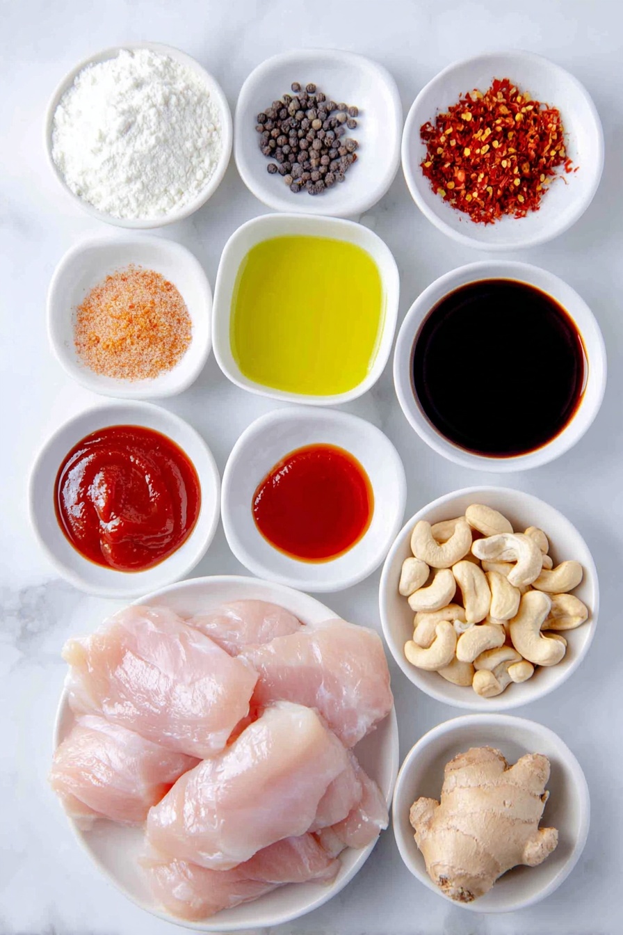 Flat lay of two boneless skinless chicken breasts cut into pieces, a small mound of white cornstarch powder, a small pile of black peppercorns, a small white bowl with golden canola oil, a small white bowl filled with dark soy sauce, a small white bowl of pale rice wine vinegar, a small white bowl of bright red ketchup, a small white bowl of glossy sweet chili sauce, a small mound of light brown granulated brown sugar, two peeled garlic cloves, a small piece of fresh ginger root with a rough beige skin, a small heap of red pepper flakes, and a handful of whole raw cashews arranged symmetrically on a clean white ceramic plates and bowls placed on a clean white marble surface, soft natural light, photo taken with an iPhone, professional food photography style, fresh ingredients, white ceramic bowls, no bottles, no duplicates, no utensils, no packaging --ar 2:3 --v 7 --p m7354615311229779997