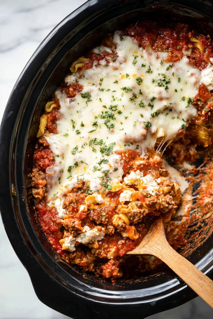 A black slow cooker filled with a layered baked dish showing a top layer of melted white cheese with a smooth, slightly bubbly texture, sprinkled with small green herb bits. Below the cheese, a thick layer of rich, red tomato sauce is visible, mixed with browned ground meat and pieces of pasta. Some melted cheese stretches down between the layers. A wooden spoon is scooping from the right side, lifting a portion showing all layers mixed together. The background is a white marbled texture. Photo taken with an iphone --ar 2:3 --v 7