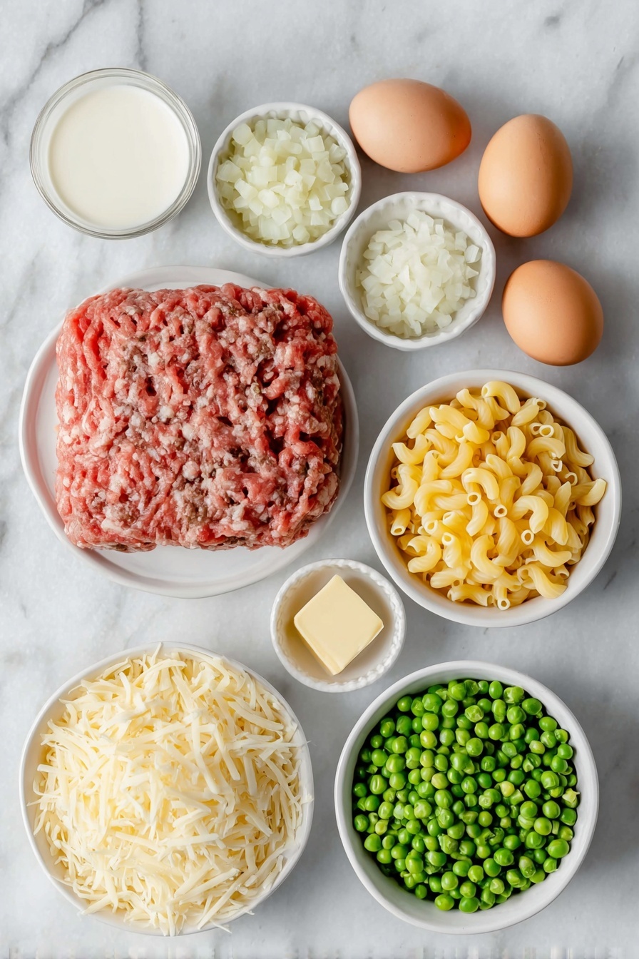 Flat lay of a raw pound of lean ground beef, a small white bowl with diced onion, a small white bowl with minced garlic cloves, a small pile of uncooked elbow macaroni noodles, a small white bowl filled with diced fresh tomatoes, a small white bowl with milk, a small pat of salted butter on a simple white ceramic plate, a small white bowl of fresh green peas, a small white bowl of bright yellow corn kernels, and a small white bowl heaped with shredded cheddar cheese, whole uncracked brown eggs placed symmetrically beside the bowls, all arranged with perfect symmetry on a clean white marble surface, soft natural light, photo taken with an iPhone, professional food photography style, fresh ingredients, white ceramic bowls, no bottles, no duplicates, no utensils, no packaging --ar 2:3 --v 7 --p m7354615311229779997