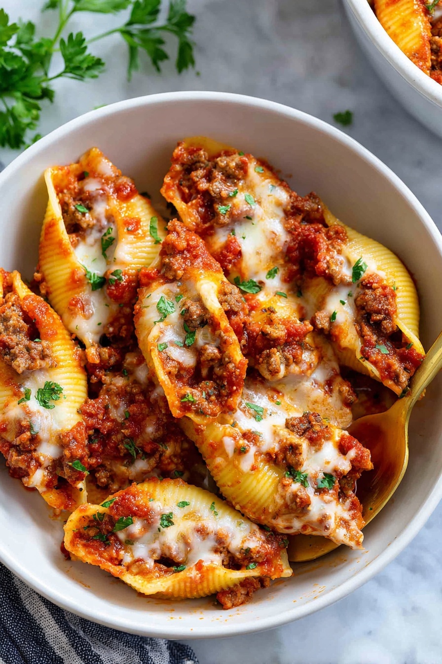 The image shows a white baking dish filled with tomato sauce as the first layer at the bottom. On top, there are large pasta shells arranged in rows, golden yellow in color with a smooth texture. A woman's hand is holding one shell filled with a creamy white ricotta cheese mixture, being scooped with a metal spoon. The shells are mostly filled, some spilling a bit of the creamy cheese on the edges. The whole scene is set on a white marbled surface with some pasta shells partially overlapping each other inside the dish photo taken with an iphone --ar 2:3 --v 7
