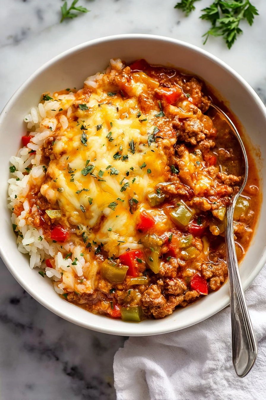 The image shows two side-by-side views of a white pot on a white marbled surface. In the left view, the pot contains two sections: on the left side, small diced red and green bell peppers create a colorful, fresh-looking pile; on the right side, browned ground meat mixed with small pieces of cooked onion forms a textured brown layer. A black spoon rests on the right side of the pot, partially submerged in the meat. In the right view, the contents are mixed together, forming a chunky, warm dish with a mix of brown ground meat, diced red and green bell peppers, and small pieces of tomato, creating a colorful, hearty texture. The black spoon remains in the same position. The photo taken with an iphone --ar 2:3 --v 7