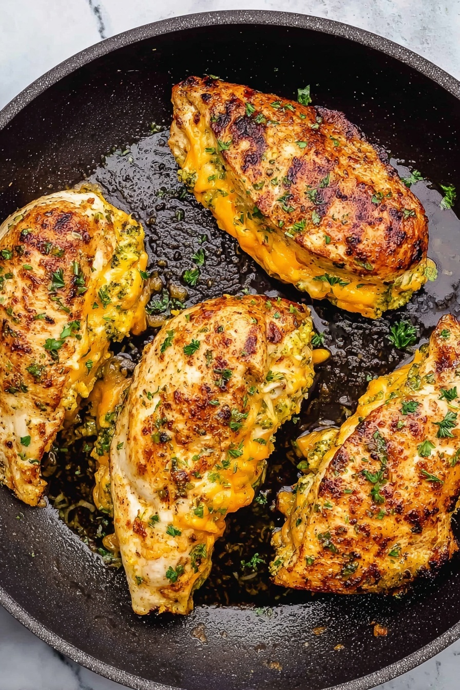 The image shows four cooked stuffed chicken pieces in a black frying pan. Each chicken piece is golden brown with slight grill marks and is filled with a cheesy mixture that has a yellow-orange color with green herb bits mixed in. There are some small green parsley leaves sprinkled on and around the chicken. The pan has some oil and cooking juices spread around the chicken, giving it a shiny texture. The background surface has a white marbled texture photo taken with an iphone --ar 2:3 --v 7