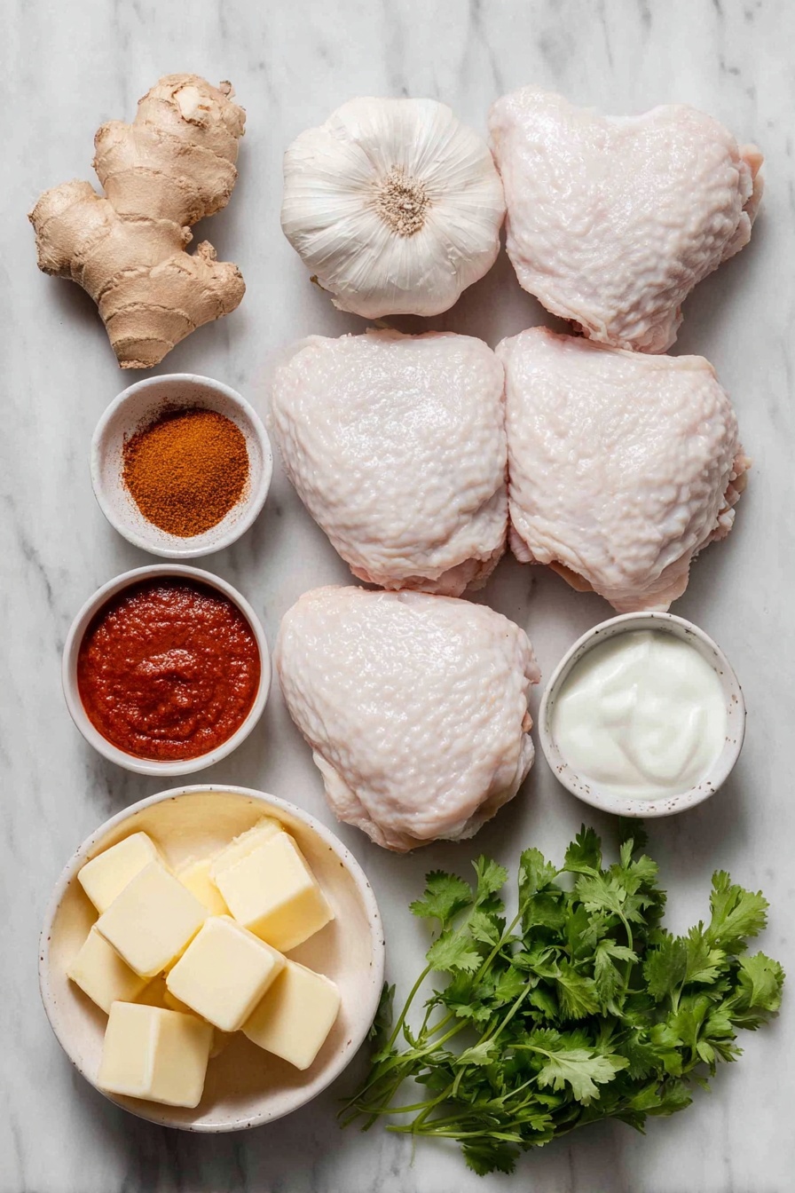 Flat lay of five fresh garlic cloves, a piece of fresh ginger root with part grated, a small white ceramic bowl of smooth red tomato passata, a small white ceramic bowl containing a mix of ground cumin, garam masala, smoked paprika, turmeric, and chili powder powders, two whole uncracked brown chicken thighs, small cubes of unsalted butter arranged neatly, a small white ceramic bowl of thick heavy cream, and a small bunch of fresh bright green cilantro leaves, all arranged with perfect symmetry on a clean white marble surface, soft natural light, photo taken with an iPhone, professional food photography style, fresh ingredients, white ceramic bowls, no bottles, no duplicates, no utensils, no packaging --ar 2:3 --v 7 --p m7354615311229779997