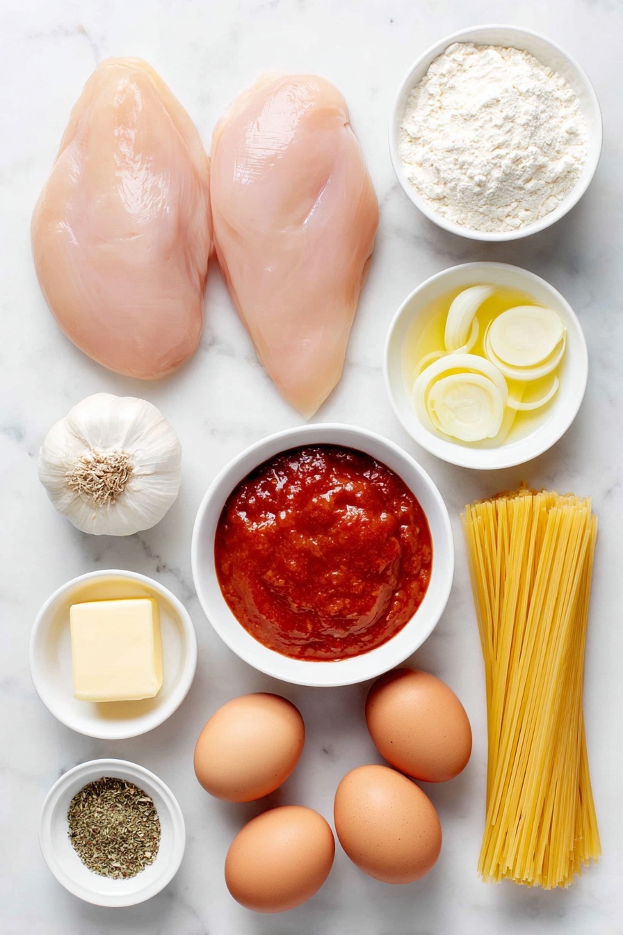 Flat lay of two small boneless skinless chicken breasts, a small pile of all-purpose flour, a few thin slices of yellow onion arranged neatly, three peeled garlic cloves, a small white ceramic bowl filled with rich red tomato sauce, a small white ceramic bowl holding pale golden olive oil, a small white ceramic bowl with salted butter pat, a small white ceramic bowl containing dry white wine, a portion of uncooked thin spaghetti pasta, a small white ceramic bowl with mixed Italian seasoning herbs, fresh whole brown eggs with clean shells, all ingredients fresh and natural, perfectly balanced and symmetrical layout placed on a clean white marble surface, soft natural light, photo taken with an iPhone, professional food photography style, fresh ingredients, white ceramic bowls, no bottles, no duplicates, no utensils, no packaging --ar 2:3 --v 7 --p m7354615311229779997