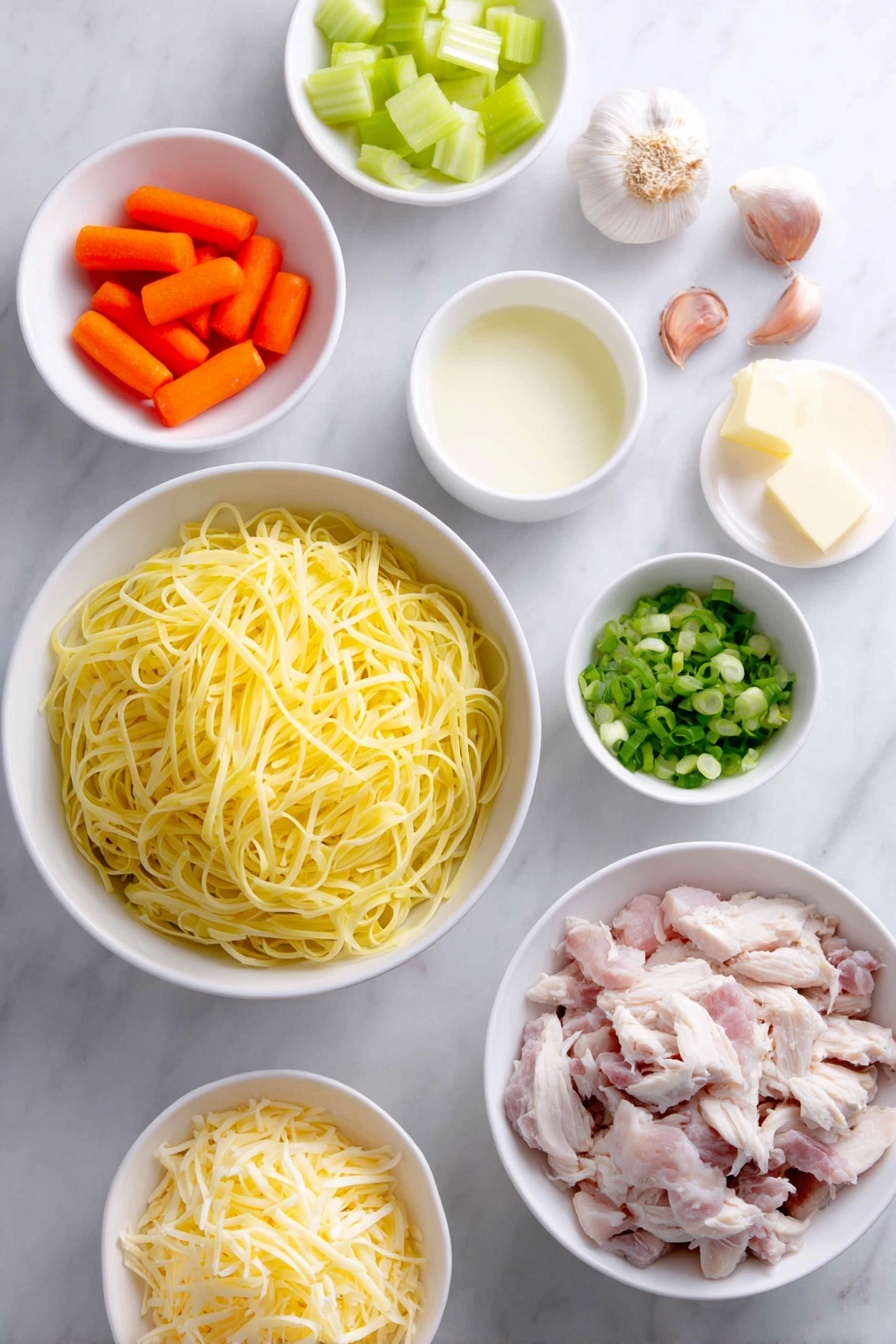 Flat lay of a small white ceramic bowl filled with golden yellow egg noodles, a few peeled and diced bright orange carrots, two ribs of fresh celery cut into small pieces, a small white bowl of smooth butter, a whole small white onion with a section diced next to it, two whole uncracked brown garlic cloves beside finely minced garlic, a simple white bowl containing creamy cubed cream cheese, shredded pale cooked chicken breast arranged neatly, cooked crispy brown bacon strips stacked loosely, a white ceramic bowl filled with shredded sharp cheddar cheese, a small white bowl holding pale creamy half and half, and a small bunch of green onions with some chopped pieces beside them, all placed on a clean white marble surface, soft natural light, photo taken with an iPhone, professional food photography style, fresh ingredients, white ceramic bowls, no bottles, no duplicates, no utensils, no packaging --ar 2:3 --v 7 --p m7354615311229779997