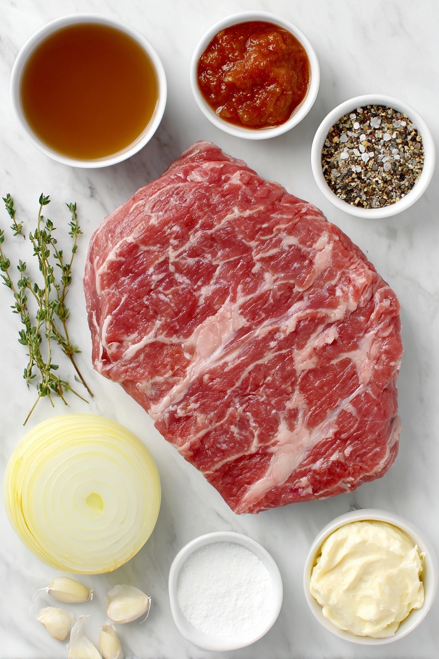 Flat lay of a large raw boneless beef chuck roast with natural marbling, a small pile of coarse salt crystals, a small heap of freshly ground black pepper, a roughly chopped yellow onion with vibrant layers visible, a small white ceramic bowl of rich brown beef broth, a small white ceramic bowl containing smooth deep red tomato paste, a small white ceramic bowl with creamy prepared horseradish, a small pile of peeled garlic cloves, a few fresh thyme sprigs with green leaves, a small white ceramic bowl of fine white cornstarch, a small white ceramic bowl of clear cold water, and a small white ceramic bowl filled with thick white sour cream, arranged with perfect symmetry on a clean white marble surface, soft natural light, photo taken with an iPhone, professional food photography style, fresh ingredients, white ceramic bowls, no bottles, no duplicates, no utensils, no packaging --ar 2:3 --v 7 --p m7354615311229779997