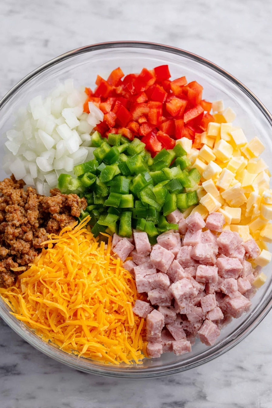 Flat lay of cooked and crumbled breakfast sausage, diced ham cubes, frozen diced hash browns, diced white onion, diced red bell pepper, diced green bell pepper, shredded cheddar cheese, a dozen whole large eggs with clean shells, half & half in a small white bowl, chopped fresh parsley in a small white bowl, garlic powder in a small white bowl, salt in a small white bowl, ground black pepper in a small white bowl, all arranged symmetrically on simple white ceramic dishes and bowls, placed on a clean white marble surface, soft natural light, photo taken with an iPhone, professional food photography style, fresh ingredients, white ceramic bowls, no bottles, no duplicates, no utensils, no packaging --ar 2:3 --v 7 --p m7354615311229779997