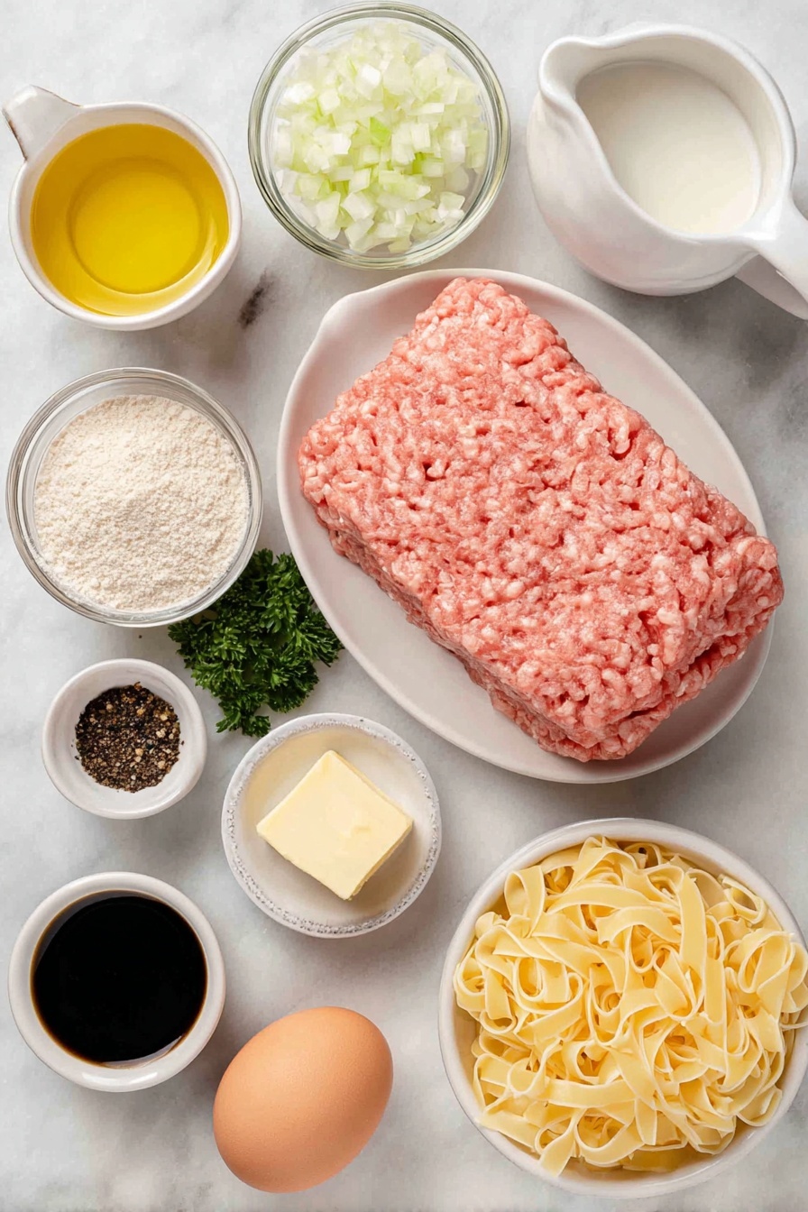 Flat lay of fresh lean ground beef in a simple white ceramic bowl, a small white bowl of plain bread crumbs, one large whole brown egg with a clean shell, a small white bowl of finely minced fresh onion, a small white bowl of minced garlic cloves, a small white bowl of dried parsley flakes, a small white bowl containing ground allspice, a small white bowl with ground nutmeg, a small white bowl of whole black peppercorns, a small white bowl of coarse salt, two tablespoons of golden olive oil in a small white bowl, a small square of butter on a white ceramic dish, a small white bowl of diced fresh onion, six cups of rich beef broth in a simple white ceramic pitcher, a small white bowl of smooth half and half cream, a small white bowl with Worcestershire sauce, a small white bowl containing Dijon mustard, uncooked egg noodles neatly arranged on a white ceramic plate, and a small bunch of fresh flat-leaf parsley sprigs placed on a clean white marble surface, soft natural light, photo taken with an iPhone, professional food photography style, fresh ingredients, white ceramic bowls, no bottles, no duplicates, no utensils, no packaging --ar 2:3 --v 7 --p m7354615311229779997