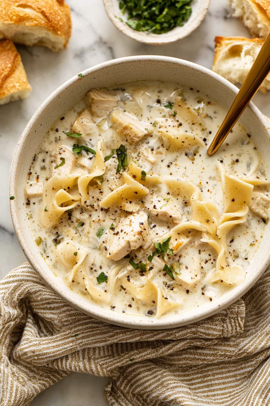 The image shows a creamy white sauce speckled with green and black herbs being stirred in a white pot. A metal whisk is partially submerged in the sauce, indicating it is being mixed. The pot sits on a black electric stove with a white marbled surface in the background. The sauce has a smooth texture with tiny herb pieces floating evenly throughout. photo taken with an iphone --ar 2:3 --v 7
