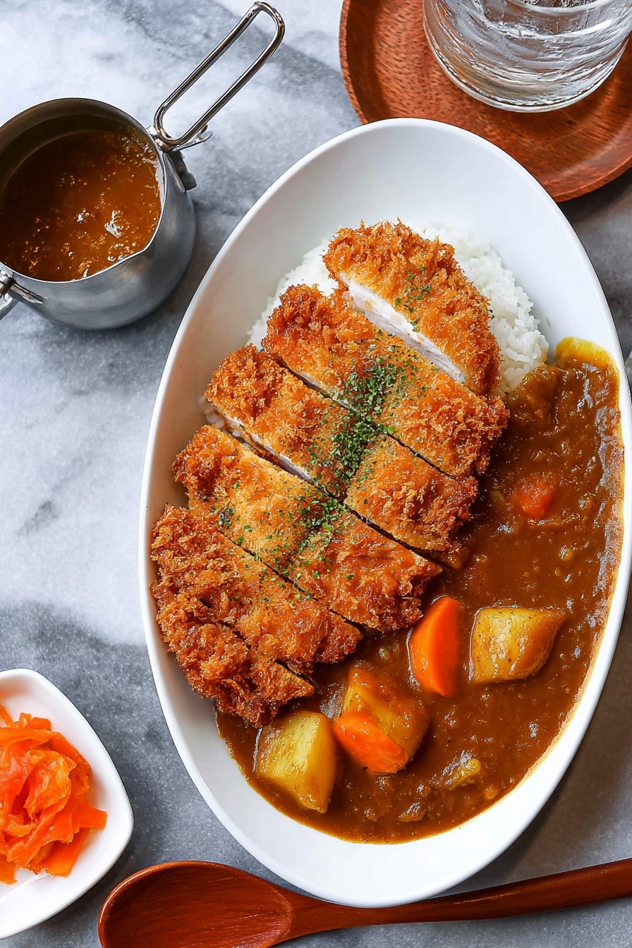 A white oval plate holds a meal with three main layers: at the bottom, a bed of white cooked rice; on top of the rice, several slices of crispy brown fried cutlet with a textured crust and a sprinkle of green herbs; to the right side of the plate, a thick brown curry sauce with visible chunks of carrots and mushrooms partially covering the cutlet. Near the top left is a metal sauce container with more curry sauce. A small white dish with orange pickled vegetables is at the bottom left corner, and a wooden spoon lies on a white marbled surface next to the plate. At the top right, there is a glass of ice water on a wooden coaster. The photo taken with an iphone --ar 2:3 --v 7