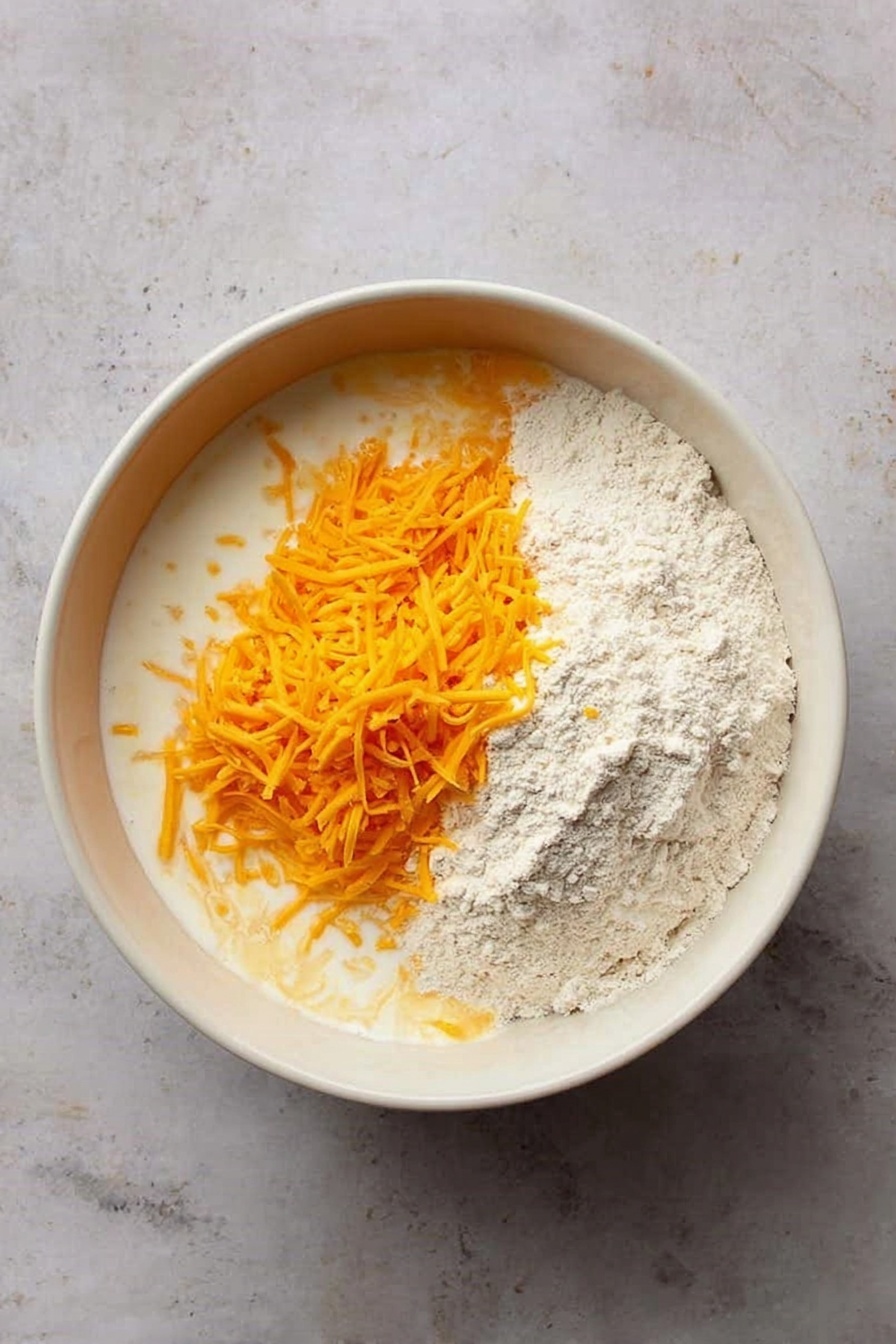The image shows a close-up of a white dish with a deep layer of creamy casserole topped by a golden-brown biscuit crust. The top layer is thick and slightly crispy with small green parsley pieces sprinkled on it. Below the crust, there is a creamy layer with visible orange carrot bits, green peas, and pieces of green beans mixed into a white sauce. A metal spoon is lifting a piece of the casserole, showing the creamy, mixed vegetable filling beneath the biscuit topping. The background is a white marbled texture. Photo taken with an iphone --ar 2:3 --v 7
