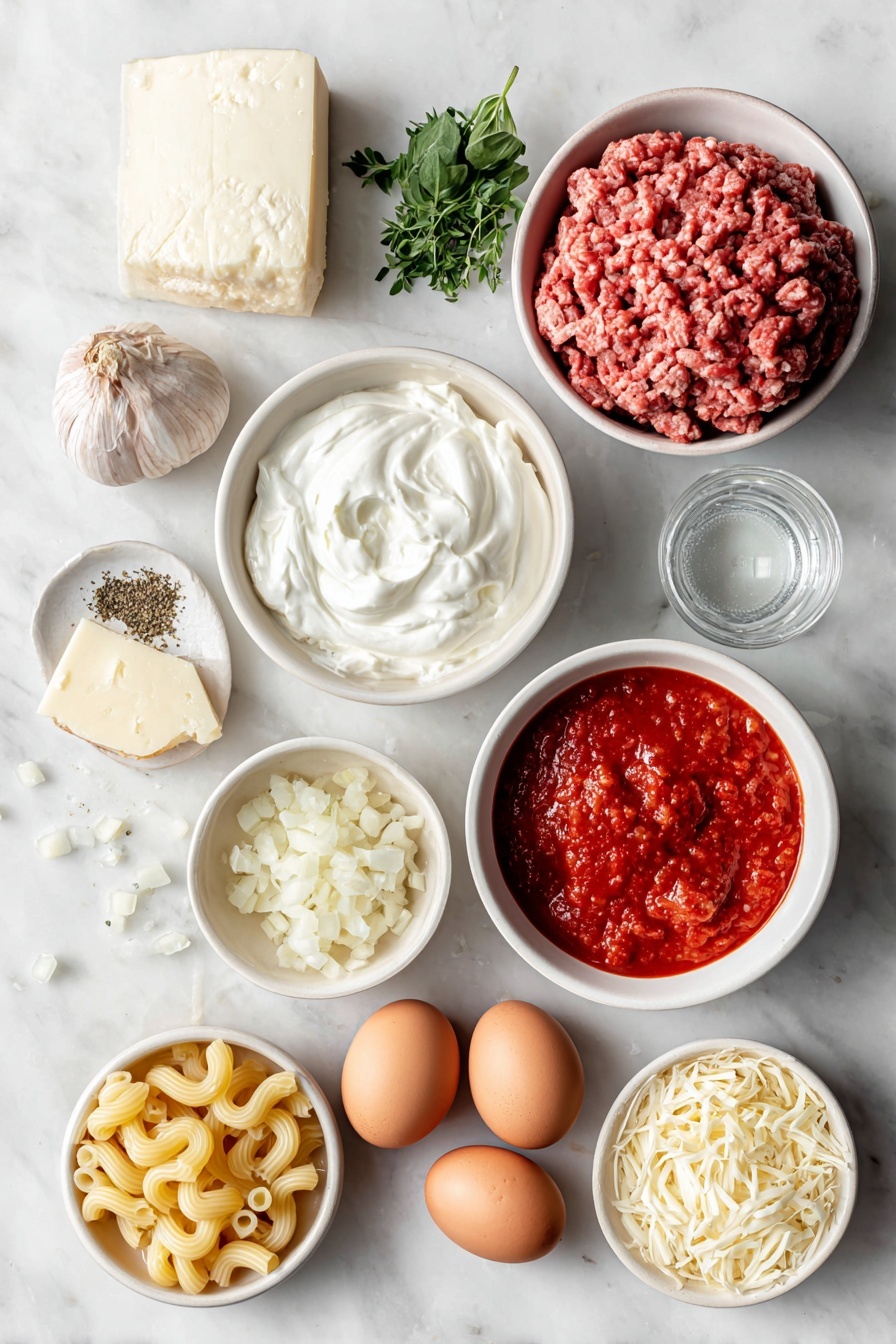 Flat lay of fresh lean ground beef in a small mound, a small pile of diced white onion, two whole brown garlic cloves, a cluster of fresh Italian seasoning herbs, a partially unwrapped block of cream cheese, a small white ceramic bowl filled with sour cream, a small white ceramic bowl with smooth ricotta cheese, two simple white ceramic bowls each with vibrant red tomato pasta sauce, a small white ceramic bowl of clear water, a small heap of uncooked cavatappi pasta spirals, a small pile of shredded mozzarella cheese, two whole clean brown eggs placed separately, all arranged symmetrically on a clean white marble surface, soft natural light, photo taken with an iPhone, professional food photography style, fresh ingredients, white ceramic bowls, no bottles, no duplicates, no utensils, no packaging --ar 2:3 --v 7 --p m7354615311229779997