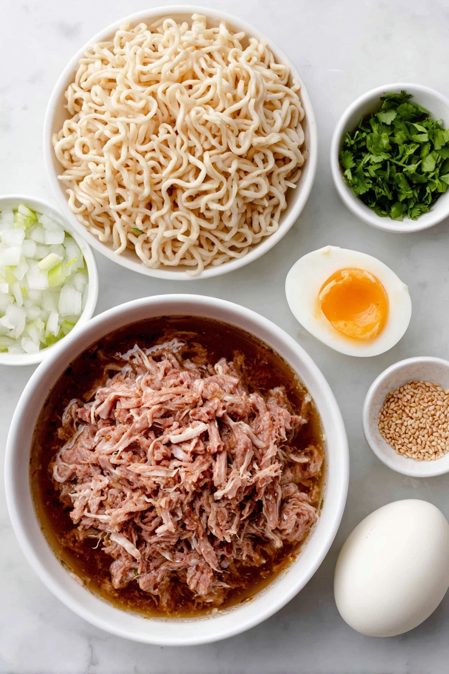 Flat lay of a small heap of tender shredded birria meat, a white ceramic bowl filled with rich birria broth, fresh uncooked ramen noodles arranged neatly, thinly sliced radishes in a small white bowl, a scattering of sesame seeds in a small white bowl, chopped bright green cilantro in a small white bowl, finely diced red onion in a small white bowl, a small white bowl with freshly squeezed lime juice, a whole soft-boiled egg with a clean shell, all placed on a clean white marble surface, soft natural light, photo taken with an iPhone, professional food photography style, fresh ingredients, white ceramic bowls, no bottles, no duplicates, no utensils, no packaging --ar 2:3 --v 7 --p m7354615311229779997