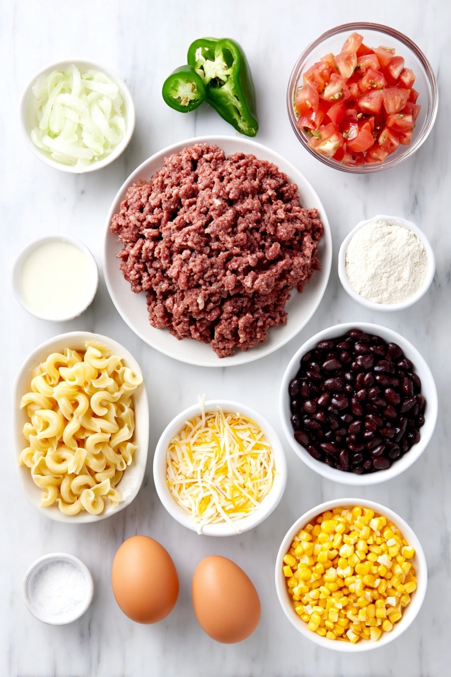 Flat lay of lean ground beef in a small mound, uncooked elbow macaroni scattered neatly, minced white onion in a small white ceramic bowl, one whole seeded diced green jalapeño, three tablespoons unsalted butter in a small white bowl, three tablespoons all-purpose flour in a small white bowl, whole milk in a small white bowl, diced ripe red tomatoes with green chilies in a small white bowl, black beans rinsed and drained in a small white bowl, yellow corn kernels drained in a small white bowl, shredded sharp cheddar cheese in a small white bowl, shredded pepper jack cheese in a small white bowl, a small white bowl of chili powder, a small white bowl of salt, and a small white bowl of pepper, two whole brown eggs with clean shells placed symmetrically for visual balance, all arranged in perfect symmetry on a simple white ceramic surface, placed on a clean white marble surface, soft natural light, photo taken with an iPhone, professional food photography style, fresh ingredients, white ceramic bowls, no bottles, no duplicates, no utensils, no packaging --ar 2:3 --v 7 --p m7354615311229779997
