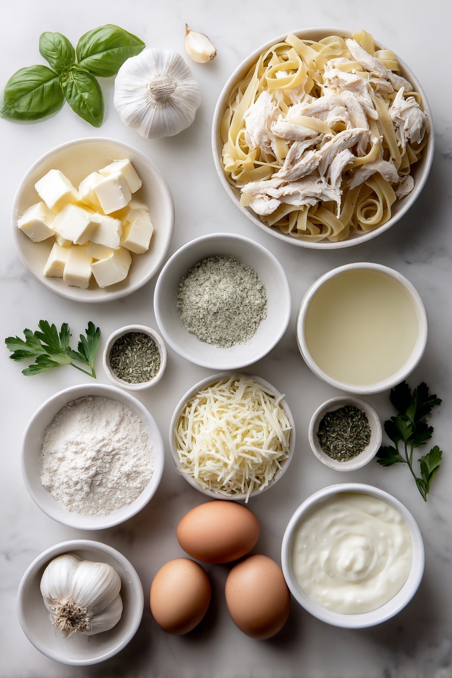 Flat lay of a small white ceramic bowl of butter cubes, half a medium diced yellow onion, three peeled garlic cloves, a small white bowl of all-purpose flour, a small white bowl of mixed Italian herbs, a small white bowl of garlic powder, a simple white ceramic bowl filled with clear chicken broth, a small white bowl of creamy half and half, a neat pile of uncooked egg noodles, two whole uncracked brown eggs, two cups of shredded cooked chicken breast, a small white bowl of grated parmesan cheese, a small white bowl of shredded mozzarella cheese, fresh basil leaves and fresh parsley sprigs placed on a clean white marble surface, soft natural light, photo taken with an iPhone, professional food photography style, fresh ingredients, white ceramic bowls, no bottles, no duplicates, no utensils, no packaging --ar 2:3 --v 7 --p m7354615311229779997