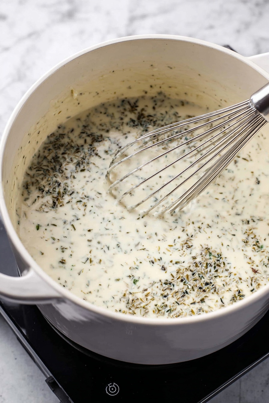 A white bowl filled with creamy chicken noodle soup, showing wide, flat noodles and chunks of tender chicken in a thick, white sauce with specks of black pepper and green herbs scattered on top. A gold spoon rests inside the bowl, partially covered by the soup. The bowl sits on a textured cloth with beige and white stripes, placed on a white marbled surface. In the background, there is a small white bowl with chopped green herbs and pieces of bread with a golden crust. photo taken with an iphone --ar 2:3 --v 7