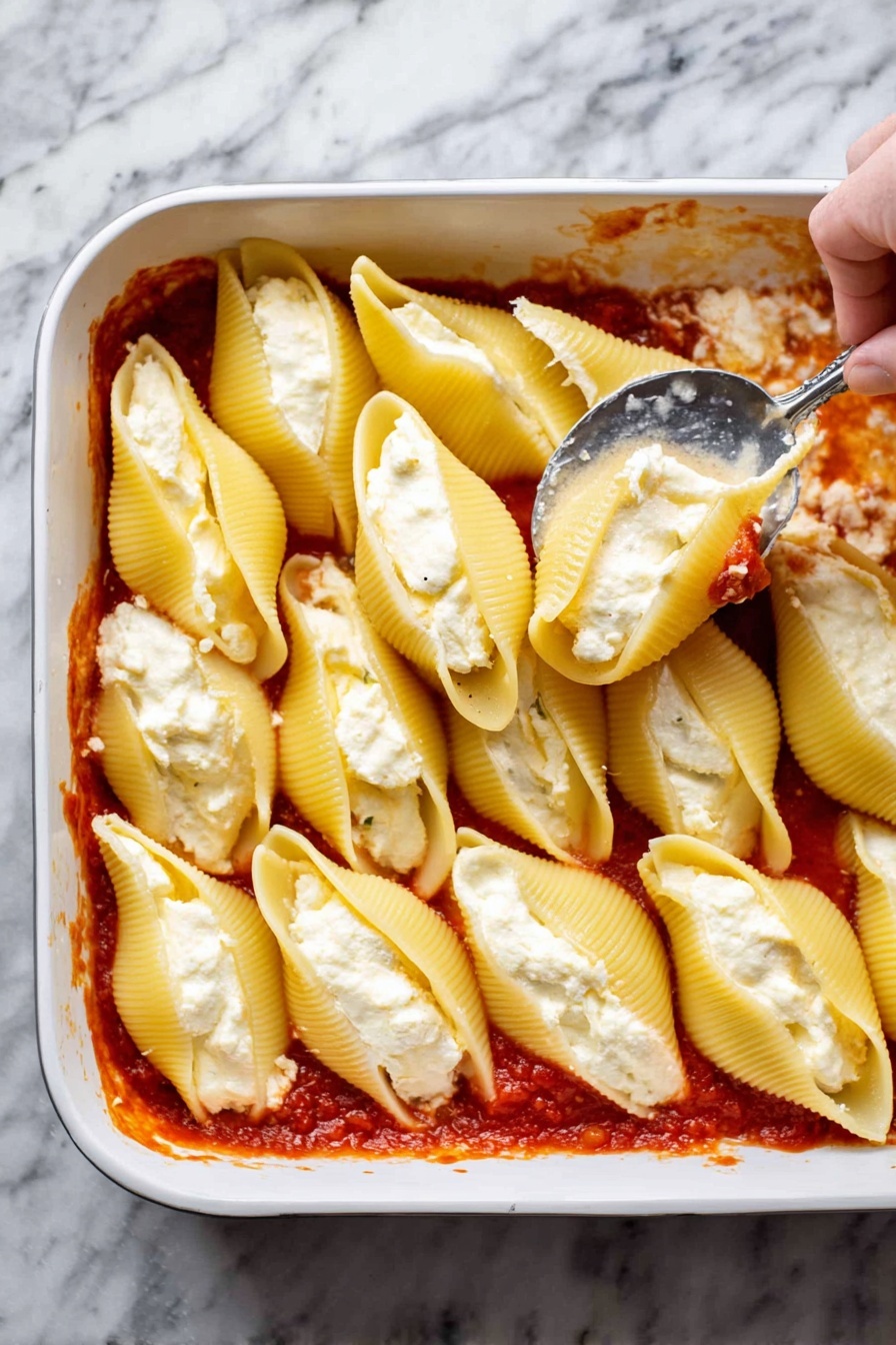 A white bowl filled with large pasta shells stuffed with a mixture of ground meat and melted cheese. The shells are covered with a bright red tomato sauce mixed with browned bits of meat and topped with melted, slightly browned white cheese. Fresh green parsley pieces are sprinkled on top of the shells, adding a touch of color. The bowl sits on a white marbled surface next to a sprig of fresh parsley. A gold spoon rests inside the bowl, partly under the pasta, showing the cheesy filling inside the shells. photo taken with an iphone --ar 2:3 --v 7